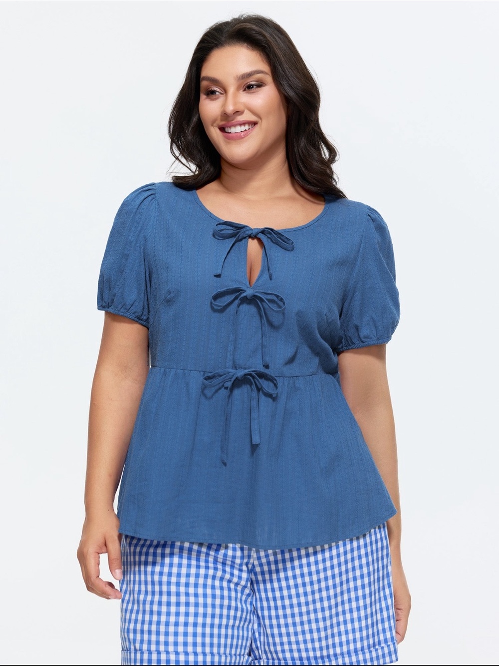 BloomChic Blue Tie-Front Puff Sleeve Peplum Blouse